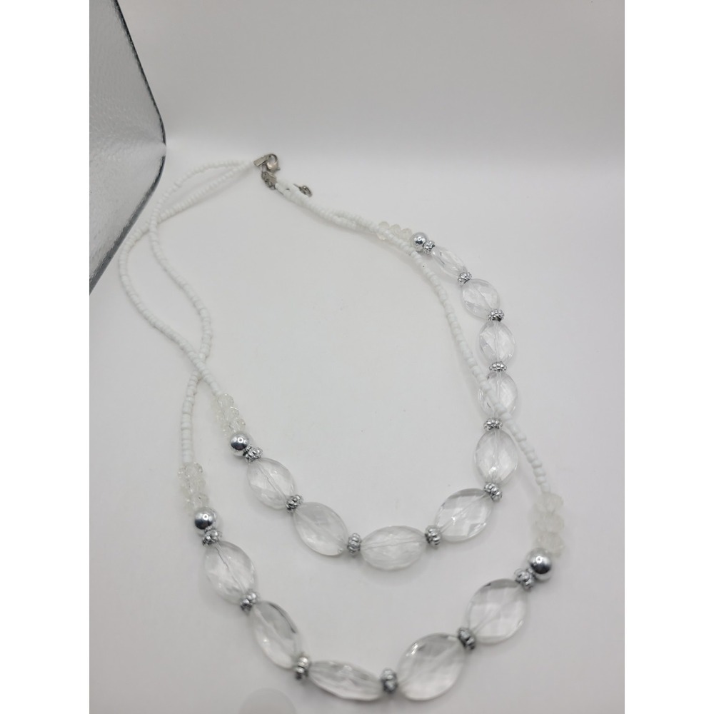 White Clear Double Strand Beaded Necklace Faceted Oval Silver Tone Statement - Picture 3 of 9
